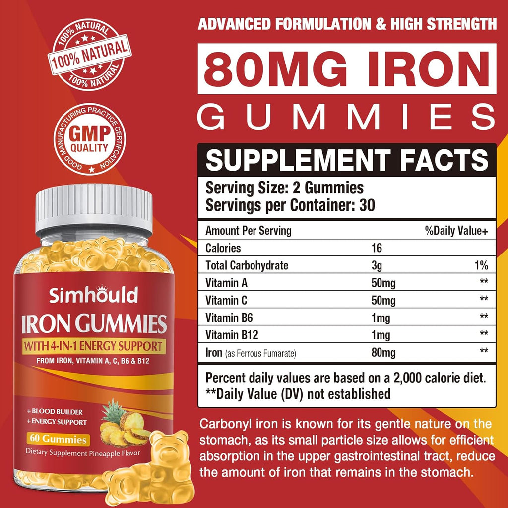 2 Pack Vegan 80MG Iron Supplement Gummies - Pineapple Flavor - Simhould