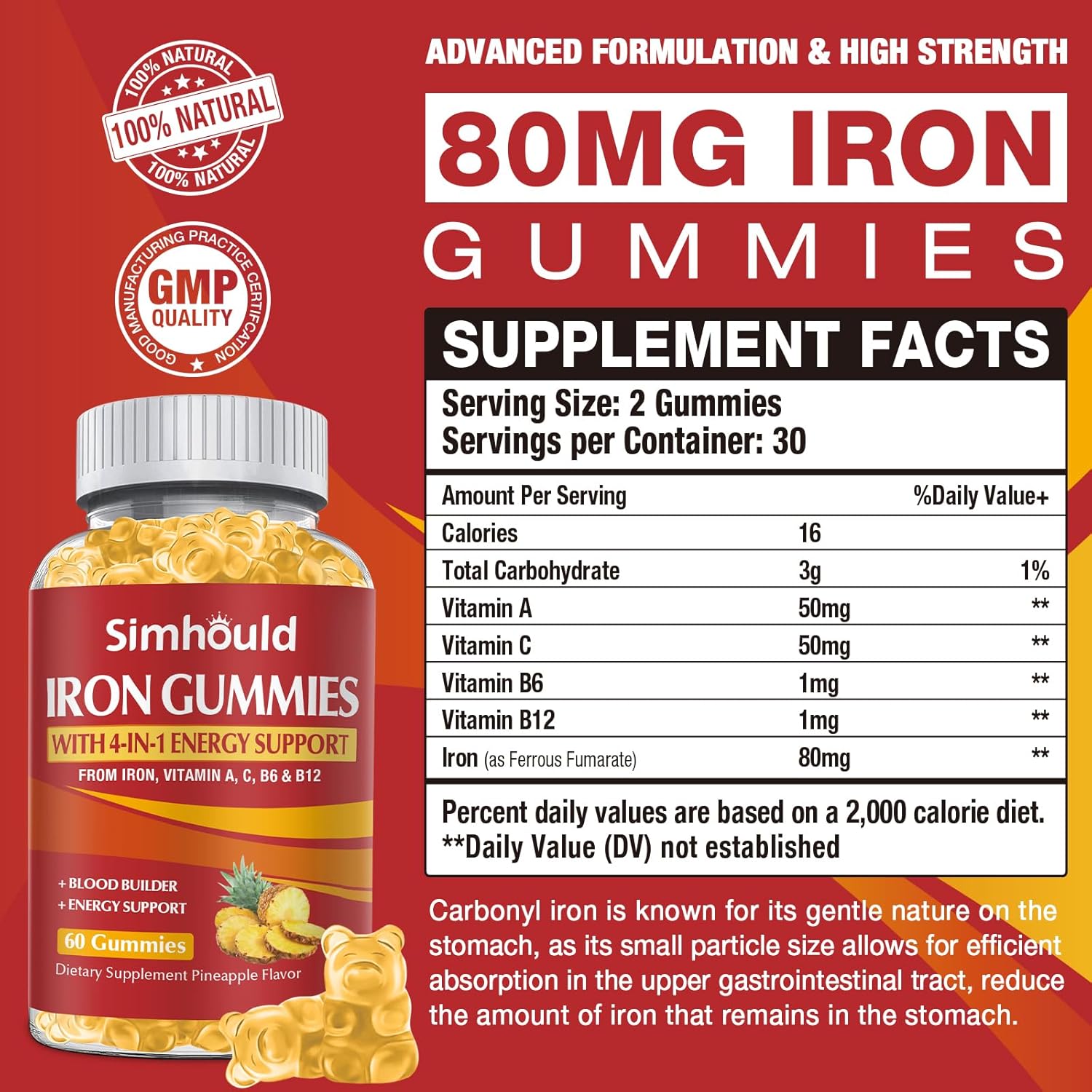 2 Pack Vegan 80MG Iron Supplement Gummies - Pineapple Flavor - Simhould