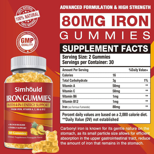 2 Pack Vegan 80MG Iron Supplement Gummies - Pineapple Flavor - Simhould