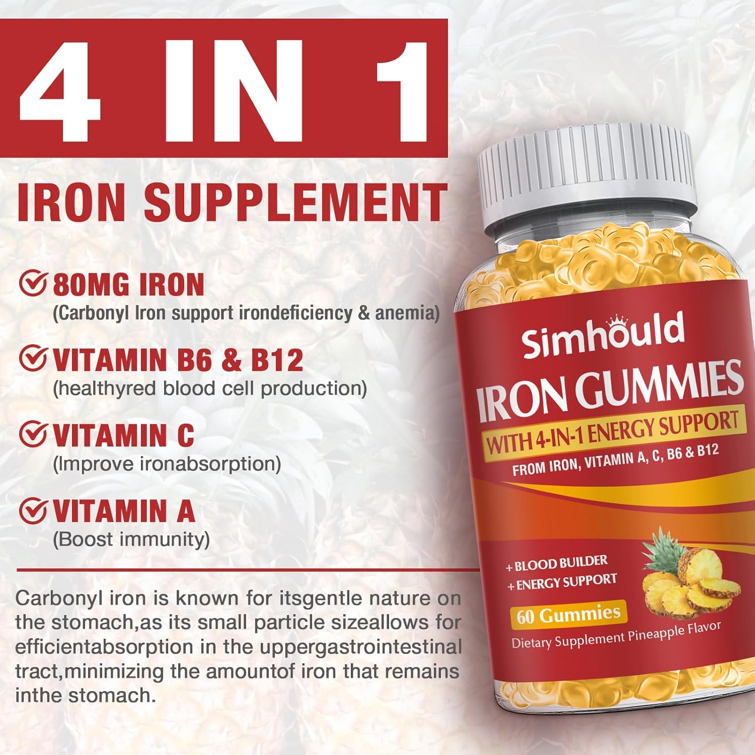 2 Pack Vegan 80MG Iron Supplement Gummies - Pineapple Flavor - Simhould